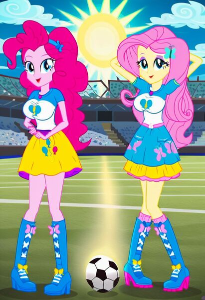 Size: 832x1216 | Tagged: safe, ai content, machine learning generated, prompter:tiamatnightmare, fluttershy, pinkie pie, human, equestria girls, blue sky, female, flutterpie, football field, humanized, image, jpeg, lesbian, shipping