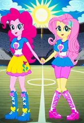 Size: 832x1216 | Tagged: safe, ai content, machine learning generated, prompter:tiamatnightmare, fluttershy, pinkie pie, human, equestria girls, blue sky, female, flutterpie, football field, humanized, image, jpeg, lesbian, shipping