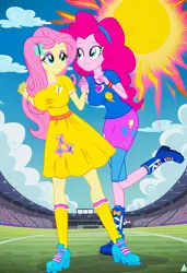 Size: 832x1216 | Tagged: safe, ai content, machine learning generated, prompter:tiamatnightmare, fluttershy, pinkie pie, human, equestria girls, blue sky, female, flutterpie, football field, humanized, image, jpeg, lesbian, shipping