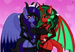 Size: 4260x2926 | Tagged: suggestive, artist:princessmoonsilver, derpibooru import, oc, oc:dark moon silver, oc:lilith, unofficial characters only, alicorn, anthro, demon, demon pony, original species, alicorn oc, clothes, horn, image, jpeg, lingerie, wings