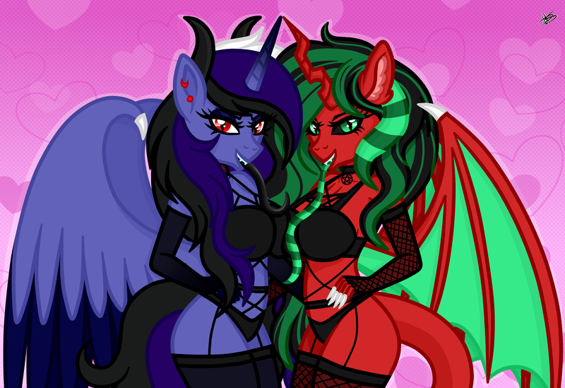 Size: 4260x2926 | Tagged: suggestive, artist:princessmoonsilver, derpibooru import, oc, oc:dar moon silver, oc:lilith, unofficial characters only, alicorn, anthro, demon, demon pony, original species, alicorn oc, clothes, horn, image, jpeg, lingerie, long tongue, tongue out, wings