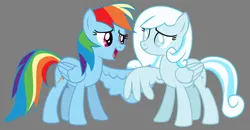 Size: 1280x666 | Tagged: safe, artist:detailedatream1991, derpibooru import, rainbow dash, oc, oc:snowdrop, pegasus, pony, duo, female, g4, gray background, image, jpeg, mare, simple background