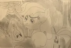 Size: 3316x2242 | Tagged: safe, artist:mlpfantealmintmoonrise, derpibooru import, applejack, earth pony, pony, leap of faith, atg 2024, bottle, cork, curtains, doubt, female, frown, g4, glass bottle, holding, image, irl, jpeg, mare, monochrome, newbie artist training grounds, photo, picture, scene interpretation, simple background, solo, solo focus