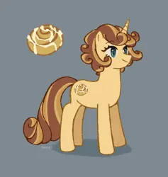 Size: 1814x1917 | Tagged: safe, artist:ywra_a, derpibooru import, oc, oc:cinnamon swirl, unofficial characters only, pony, unicorn, cinnamon bun, female, food, gray background, horn, image, mare, png, simple background, smiling, solo, standing