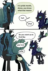 Size: 1120x1668 | Tagged: safe, artist:ywra_a, derpibooru import, queen chrysalis, changeling, changeling queen, 2 panel comic, :3, changeling egg, comic, confused, dialogue, duo focus, female, image, jpeg, male, meme, pride month, simple background, white background