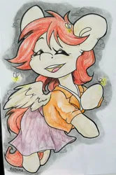 Size: 1358x2048 | Tagged: safe, artist:midnightpremiere, derpibooru import, oc, oc:firefly, unofficial characters only, firefly (insect), insect, pegasus, pony, clothes, colored pencil drawing, commission, eyes closed, female, image, jacket, jpeg, mare, open mouth, open smile, skirt, smiling, solo, traditional art