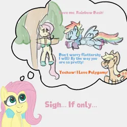 Size: 2000x2000 | Tagged: safe, artist:zoeyhorse, derpibooru import, applejack, fluttershy, rainbow dash, earth pony, pegasus, pony, appledash, bust, comic, dialogue, doodle, female, flutterdash, g4, high res, image, lesbian, mare, png, polyamory, remake, ship:appleshy, shipping, simple background, thought bubble, tree, white background