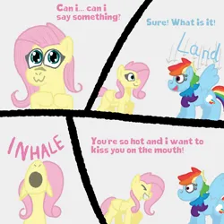 Size: 2000x2000 | Tagged: safe, artist:zoeyhorse, derpibooru import, fluttershy, rainbow dash, pegasus, pony, assertive fluttershy, comic, dialogue, doodle, female, flutterdash, g4, high res, image, inhaling, lesbian, mare, png, remake, shipping, simple background, speech bubble, white background