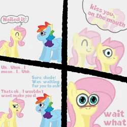 Size: 2000x2000 | Tagged: safe, artist:zoeyhorse, derpibooru import, fluttershy, rainbow dash, pegasus, pony, blushing, bust, comic, dialogue, doodle, duo, female, flutterdash, g4, high res, image, lesbian, mare, png, remake, shipping, simple background, smiling, sudden realization, thought bubble, wait what, white background