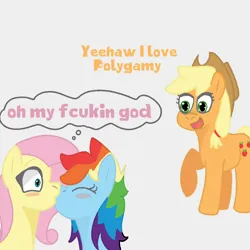 Size: 2000x2000 | Tagged: safe, artist:zoeyhorse, derpibooru import, applejack, fluttershy, rainbow dash, earth pony, pegasus, pony, appledash, comic, dialogue, doodle, eyes closed, female, flutterdash, g4, high res, image, kiss on the lips, kissing, lesbian, mare, misspelling, png, polyamory, remake, ship:appleshy, shipping, simple background, thought bubble, trio, vulgar, white background