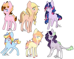 Size: 3599x2886 | Tagged: safe, artist:castaspellliana, derpibooru import, oc, unnamed oc, unofficial characters only, dracony, earth pony, hybrid, pegasus, pony, unicorn, colored pupils, fangs, female, hair ornament, high res, horn, image, interspecies offspring, mare, multicolored hair, next generation, offspring, parent:applejack, parent:big macintosh, parent:caramel, parent:cheese sandwich, parent:flash sentry, parent:fluttershy, parent:pinkie pie, parent:rainbow dash, parent:rarity, parent:soarin', parent:spike, parent:twilight sparkle, parents:carajack, parents:cheesepie, parents:flashlight, parents:fluttermac, parents:soarindash, parents:sparity, png, rainbow hair, signature, simple background, transparent background, unshorn fetlocks