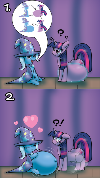 Size: 4088x7257 | Tagged: safe, artist:fancy_blue, derpibooru import, trixie, twilight sparkle, pony, unicorn, fanfic:sexier short stories with particularly pregnant ponies, g4, 2 panel comic, belly, belly button, big belly, cape, clothes, comic, commission, curtains, dust, emanata, exclamation point, fetish, floating heart, floppy ears, frown, hat, heart, huge belly, hyper, hyper belly, hyper pregnancy, image, impossibly large belly, interrobang, magic, magic aura, no dialogue, outie belly button, pictogram, png, pointy ponies, preglight sparkle, pregnancy transfer, pregnant, pregxie, question mark, smiling, stage, story included, surprised, trixie's cape, trixie's hat, unicorn twilight