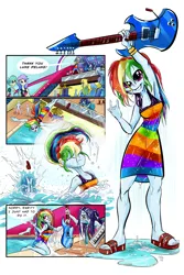 Size: 4800x7200 | Tagged: safe, artist:lytlethelemur, derpibooru import, fluttershy, rainbow dash, rarity, sci-twi, sunset shimmer, twilight sparkle, human, equestria girls, absurd resolution, breasts, busty rainbow dash, clothes, comic, commission, diving, dress, electric guitar, equestria girls specials, female, frown, g4, grin, guitar, hair flip, image, keytar, makeup, musical instrument, my little pony equestria girls: spring breakdown, png, rarity is not amused, running makeup, sandals, simple background, smiling, solo focus, swimming pool, unamused, wet, wet clothes, white background