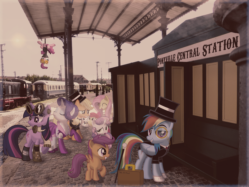 Size: 2560x1920 | Tagged: safe, artist:austiniousi, artist:brisineo, artist:colorfulbrony, artist:fallingcomets, artist:floppychiptunes, artist:kraysee, artist:mactavish1996, artist:myardius, artist:shadyhorseman, artist:thatguy1945, derpibooru import, angel bunny, apple bloom, applejack, fluttershy, pinkie pie, rainbow dash, rarity, scootaloo, sweetie belle, twilight sparkle, earth pony, pegasus, pony, rabbit, unicorn, animal, cutie mark crusaders, female, filly, foal, g4, hat, horn, image, irl, mane six, mare, photo, png, ponies in real life, top hat, train, train station, unicorn twilight