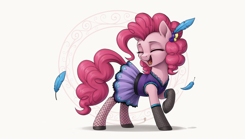 Size: 2560x1456 | Tagged: safe, ai content, derpibooru import, generator:autismmixconfetti, machine learning generated, pinkie pie, pony, over a barrel, abstract background, clothes, dress, eyes closed, feather, feather in hair, female, fishnet clothing, fishnets, g4, image, mare, open mouth, png, prompter:siber, raised hoof, saloon dress, saloon pinkie, singing, socks, solo, stockings, thigh highs