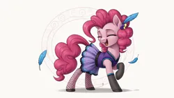 Size: 2560x1456 | Tagged: safe, ai content, derpibooru import, generator:autismmixconfetti, machine learning generated, pinkie pie, pony, over a barrel, abstract background, clothes, dress, eyes closed, feather, feather in hair, female, fishnet clothing, fishnets, g4, image, mare, open mouth, png, prompter:siber, raised hoof, saloon dress, saloon pinkie, singing, socks, solo, stockings, thigh highs