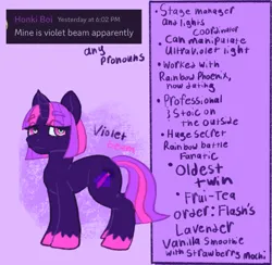 Size: 1699x1655 | Tagged: safe, artist:kiwiscribbles, derpibooru import, screencap, oc, oc:violet beam, unofficial characters only, unicorn, horn, image, png, pronouns, solo, text