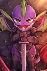 Size: 750x1125 | Tagged: safe, artist:lumineko, derpibooru import, spike, dragon, armor, badass, image, jpeg, knight spike, male, solo, sword, weapon, winged spike, wings