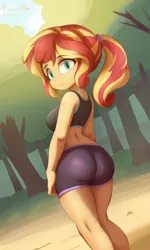 Size: 3000x5000 | Tagged: safe, artist:azuretto, derpibooru import, sunset shimmer, human, equestria girls, alternate hairstyle, bunset shimmer, butt, clothes, female, forest, g4, high res, image, looking at you, looking back, looking back at you, nature, png, ponytail, shorts, smiling, smiling at you, solo, sports bra, sports shorts, tree