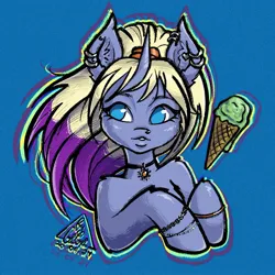 Size: 1617x1617 | Tagged: safe, artist:gigisarts, derpibooru import, oc, oc:roxy, unofficial characters only, pony, unicorn, blue eyes, bust, ear piercing, female, food, horn, ice cream, image, jpeg, nose piercing, piercing, portrait, solo