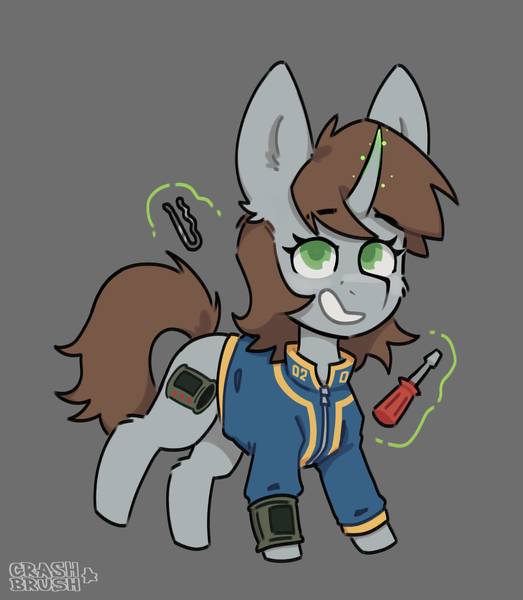 Size: 2606x2992 | Tagged: safe, artist:crashbrush, derpibooru import, oc, oc:littlepip, unofficial characters only, pony, unicorn, fallout equestria, chibi, clothes, ear fluff, female, high res, horn, image, jumpsuit, levitation, looking at you, magic, mare, pipbuck, png, simple background, smiling, solo, telekinesis, vault suit