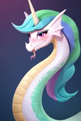 Size: 512x768 | Tagged: safe, ai content, derpibooru import, machine learning generated, prompter:chillyhooves, stable diffusion, princess celestia, blushing, embarrassed, forked tongue, horn, image, jpeg, meme, solo, species swap, wat, wyrm