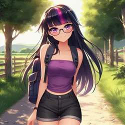 Size: 1024x1024 | Tagged: safe, ai content, derpibooru import, generator:copilot, machine learning generated, twilight sparkle, human, g4, anime, backpack, blushing, clothes, cute, dirt road, female, fence, generator:dall-e 3, glasses, humanized, image, jpeg, looking at you, nature, outdoors, shorts, smiling, smiling at you, solo, tree, tube top, twiabetes, walking, walking towards you