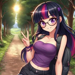 Size: 1024x1024 | Tagged: safe, ai content, derpibooru import, generator:copilot, machine learning generated, twilight sparkle, human, g4, anime, backpack, blushing, clothes, cute, dirt road, female, generator:dall-e 3, glasses, humanized, image, jpeg, looking at you, nature, outdoors, peace sign, shorts, smiling, smiling at you, solo, sun, tree, tube top, twiabetes