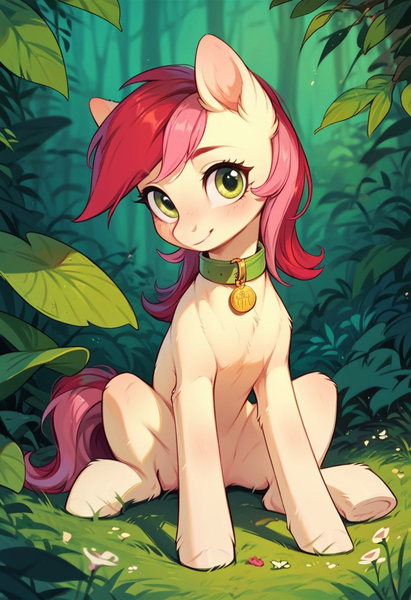 Size: 832x1216 | Tagged: safe, ai content, derpibooru import, machine learning generated, prompter:doom9454, stable diffusion, roseluck, pony, collar, cute, fluffy, generator:pony diffusion v6 xl, image, jpeg, looking at you, pet tag, pony pet, rosepet, sitting