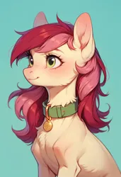 Size: 832x1216 | Tagged: safe, ai content, derpibooru import, machine learning generated, prompter:doom9454, stable diffusion, roseluck, pony, bust, collar, cute, fluffy, generator:pony diffusion v6 xl, image, jpeg, pet tag, pony pet, portrait, rosepet