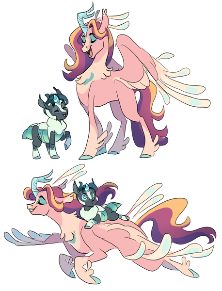 Size: 2199x2878 | Tagged: safe, artist:baylard, derpibooru import, princess cadance, oc, oc:mimic, alicorn, changepony, hybrid, pony, alternate design, duo, duo male and female, eyes closed, female, flying, image, interspecies offspring, male, mother and child, mother and son, offspring, open mouth, open smile, parent:princess cadance, parent:queen chrysalis, parent:shining armor, parents:shining chrysalis, png, riding, simple background, smiling, spread wings, step-mother and step son, step-parent and step-child, twitterina design, white background, wings