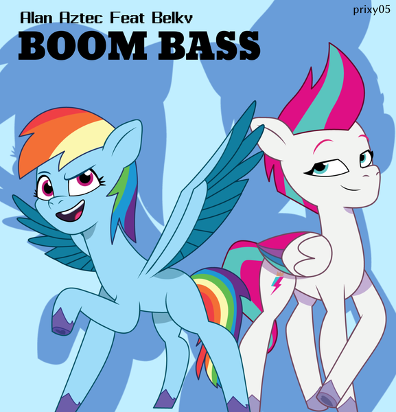 Size: 1194x1242 | Tagged: safe, artist:edy_january, artist:prixy05, derpibooru import, editor:edy_january, rainbow dash, zipp storm, pegasus, pony, g4, g5, my little pony: tell your tale, alan aztec, album, album cover, album parody, belkv, blue background, duo, g4 to g5, generation leap, hardbass, image, link in description, music, png, simple background, song, youtube, youtube link, zipp and her heroine
