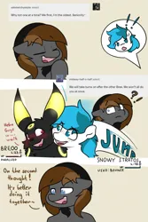 Size: 1567x2351 | Tagged: safe, artist:vipy, derpibooru import, part of a set, oc, oc:brreo, oc:gloomy, oc:snowystratos, anthro, pegasus, pony, umbreon, anthro oc, ask, blushing, furry, furry oc, grin, image, nervous, nervous grin, png, pokémon, smiling, speech bubble, tumblr