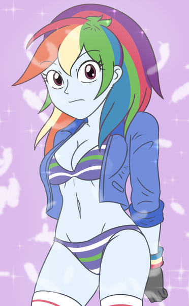 Size: 1800x2900 | Tagged: suggestive, artist:sumin6301, derpibooru import, rainbow dash, human, g4, belly button, breasts, busty rainbow dash, clothes, concave belly, female, gloves, image, jacket, jpeg, looking at you, midriff, panties, solo, striped bra, striped panties, striped underwear, stupid sexy rainbow dash, underwear, wristband