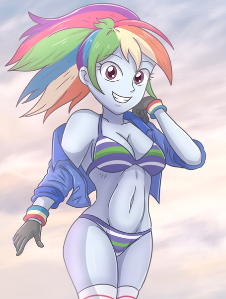 Size: 2200x2900 | Tagged: suggestive, artist:sumin6301, derpibooru import, rainbow dash, human, g4, 2d, bangs, belly button, breasts, busty rainbow dash, cleavage, clothes, concave belly, female, gloves, image, jacket, jpeg, looking at you, midriff, panties, ponytail, smiling, smiling at you, solo, striped bra, striped panties, striped underwear, stupid sexy rainbow dash, underwear, wristband