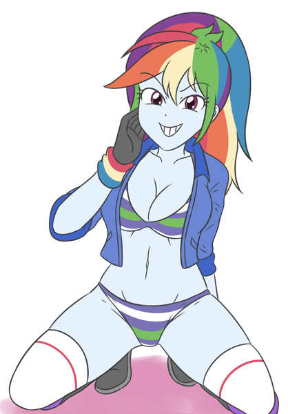 Size: 2305x3307 | Tagged: suggestive, artist:sumin6301, derpibooru import, rainbow dash, human, equestria girls, g4, 2d, belly button, breasts, busty rainbow dash, cleavage, clothes, concave belly, devious, devious smile, female, gloves, image, jpeg, kneeling, midriff, panties, ponytail, simple background, solo, striped bra, striped panties, striped underwear, stupid sexy rainbow dash, underwear, white background, wristband