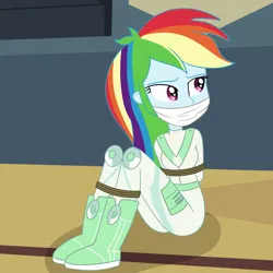 Size: 2000x2000 | Tagged: safe, artist:nie-martw-sie-o-mnie, derpibooru import, part of a set, rainbow dash, human, equestria girls, g4, scare master, astrodash, astronaut, bondage, bound and gagged, cloth gag, clothes, costume, dashsub, female, femsub, gag, halloween, halloween costume, holiday, image, nightmare night costume, png, rope, rope bondage, sitting, solo, submissive