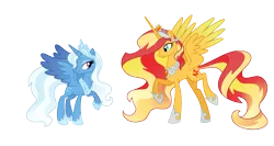 Size: 1742x928 | Tagged: safe, artist:dazzle, derpibooru import, sunset shimmer, trixie, alicorn, pony, g4, alicornified, alternate universe, crown, duo, female, flowing mane, image, jewelry, mare, png, race swap, regalia, simple background, transparent background, trixiecorn