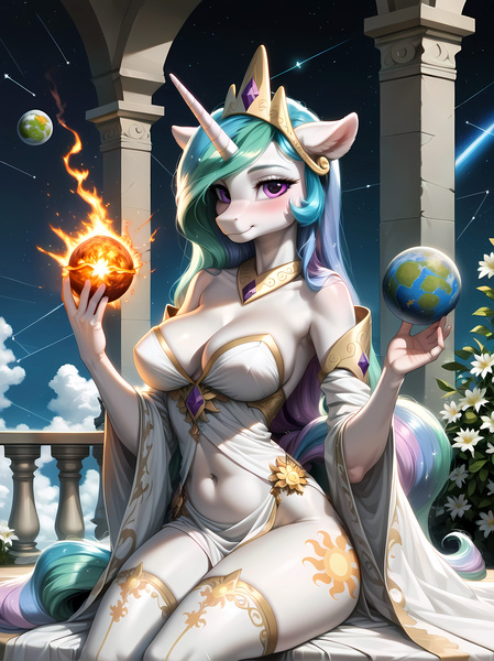 Size: 4096x5472 | Tagged: suggestive, ai content, derpibooru import, machine learning generated, stable diffusion, princess celestia, alicorn, anthro, g4, absurd resolution, beautiful, beautisexy, bedroom eyes, belly button, big breasts, breasts, busty princess celestia, cleavage, clothes, erect nipples, ethereal mane, female, flower, generator:pony diffusion v6 xl, image, jpeg, loincloth, looking at you, planet, prompter:xydo, smiling, socks, solo, solo female, stars, stockings, stupid sexy celestia, sun, thigh highs, thighs