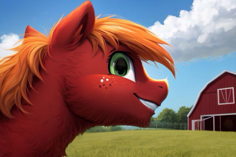 Size: 2160x1433 | Tagged: prompter needed, safe, ai content, derpibooru import, generator:perchance, machine learning generated, big macintosh, earth pony, pony, barn, cursed mario, freckles, image, jpeg, looking at you, male, outdoors, solo, solo male, when you see it