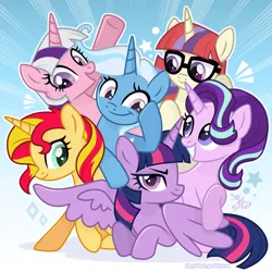 Size: 1280x1280 | Tagged: safe, artist:syrikatsyriskater, derpibooru import, moondancer, starlight glimmer, sunset shimmer, trixie, twilight (g1), twilight sparkle, twilight sparkle (alicorn), alicorn, pony, unicorn, g1, g4, best friends, clothes, cute, dancerbetes, diatrixes, female, g1 to g4, generation leap, glasses, glimmerbetes, grin, horn, image, jpeg, loose hair, lying down, mare, open mouth, prone, raised hoof, shimmerbetes, smiling, sweater, twiabetes