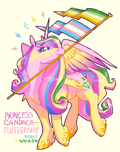 Size: 1584x2000 | Tagged: safe, artist:poniesart, derpibooru import, alicorn, pony, g4, aroallo, aroallo pride flag, fusion, fusion:fluttershy, fusion:princess cadance, holding a flag, image, mouth hold, png, pride, pride flag, simple background, solo, transgender, transgender pride flag, yellow background