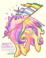 Size: 1584x2000 | Tagged: safe, artist:poniesart, derpibooru import, alicorn, pony, g4, aroallo, aroallo pride flag, fusion, fusion:fluttershy, fusion:princess cadance, holding a flag, image, mouth hold, png, pride, pride flag, simple background, solo, transgender, transgender pride flag, yellow background