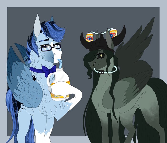 Size: 2048x1756 | Tagged: safe, artist:inisealga, derpibooru import, oc, oc:neva fae, oc:soaring spirit, unofficial characters only, hybrid, kelpie, pegasus, pony, bleach, bowtie, coat markings, colored hooves, duo, duo male and female, error, facial markings, female, glasses, hooves, hybrid oc, image, jpeg, male, mare, markings, multicolored mane, multicolored tail, pegasus oc, socks (coat marking), stallion, straw, straw in mouth, tail, three toned wings, wings