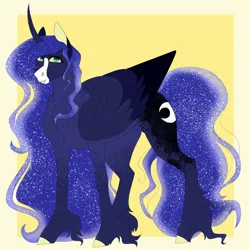 Size: 2048x2048 | Tagged: safe, artist:inisealga, derpibooru import, princess luna, alicorn, pony, alternate design, chest fluff, coat markings, colored pupils, curved horn, cutie mark, facial markings, female, horn, image, jpeg, mare, markings, neck fluff, redesign, redraw, solo, three toned wings, twitterina design, unicorn horn, unshorn fetlocks