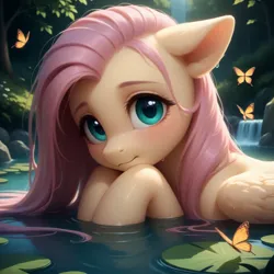 Size: 1024x1024 | Tagged: safe, ai content, derpibooru import, generator:bluefox mix, machine learning generated, prompter:adorablebluefox, stable diffusion, fluttershy, butterfly, insect, pegasus, pony, g4, :3, adorasexy, beautiful, beautisexy, blush lines, blushing, cute, detailed, ear fluff, female, floppy ears, forest, image, lilypad, looking at you, mare, nature, outdoors, png, pond, pretty, reflection, rock, sexy, shyabetes, side view, smiling, solo, stupid sexy fluttershy, tree, water, waterfall, wet, wet mane, wings