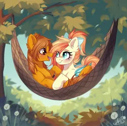 Size: 1746x1723 | Tagged: safe, artist:arllistar, derpibooru import, oc, oc:sunshine drift, oc:zip circuit, unofficial characters only, pony, blushing, bow, duo, ear fluff, eye clipping through hair, fangs, female, forest, hair bow, hammock, image, jpeg, male, mare, nature, signature, smiling, stallion, tree, tree branch