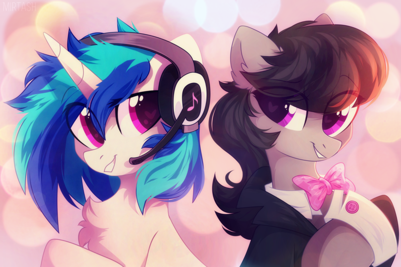 Size: 2449x1632 | Tagged: safe, alternate version, artist:mirtash, derpibooru import, octavia melody, vinyl scratch, earth pony, pony, unicorn, g4, bowtie, chest fluff, cute, duo, duo female, ear fluff, eye clipping through hair, eyebrows, eyebrows visible through hair, female, headphones, headset, heart, heart eyes, horn, image, mare, octavia's bowtie, png, smiling, tavibetes, vinylbetes, wingding eyes