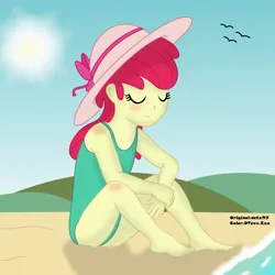 Size: 5500x5500 | Tagged: safe, artist:dtavs.exe, artist:dtcx97, color edit, derpibooru import, edit, apple bloom, bird, human, seagull, equestria girls, g4, beach, clothes, colored, eyes closed, hat, image, one-piece swimsuit, png, sitting, smiling, solo, straw hat, sun, swimsuit, water, younger