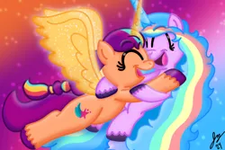 Size: 1800x1200 | Tagged: safe, artist:jesslmc16, derpibooru import, izzy moonbow, sunny starscout, alicorn, earth pony, pony, unicorn, g5, duo, duo female, eyes closed, female, floating, glow, glowing horn, glowing wings, horn, hug, image, lesbian, mane stripe sunny, mare, multicolored hair, png, race swap, rainbow hair, ship:moonscout, shipping, signature, smiling, wings